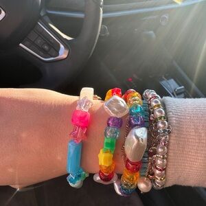 Rainbow Beaded Bracelet: Baroque Pearl, Boho Chic Stretch Jewelry